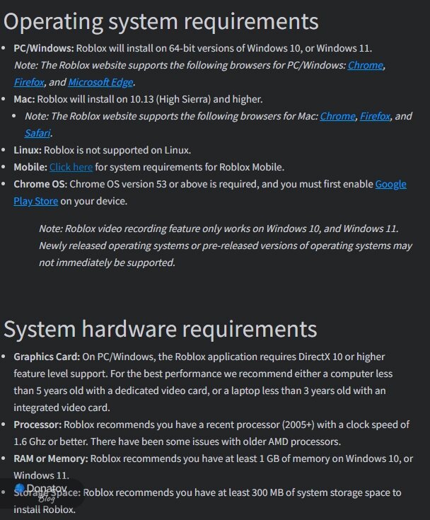    Минимальная и рекомендуемая конфигурация компьютера от создателей Roblox на английском