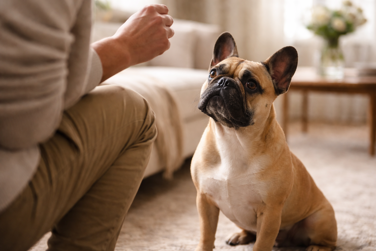 Французский бульдог выполняет команду
