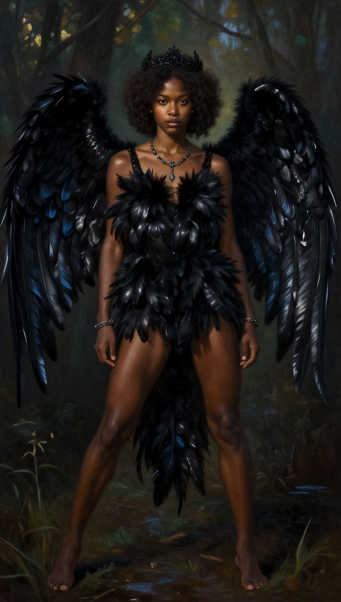 Тёмная грация Гамаюн: птица, что несёт вести между мирами. Её кожа — как ночь, а взгляд — как звёздное небо, полное тайн