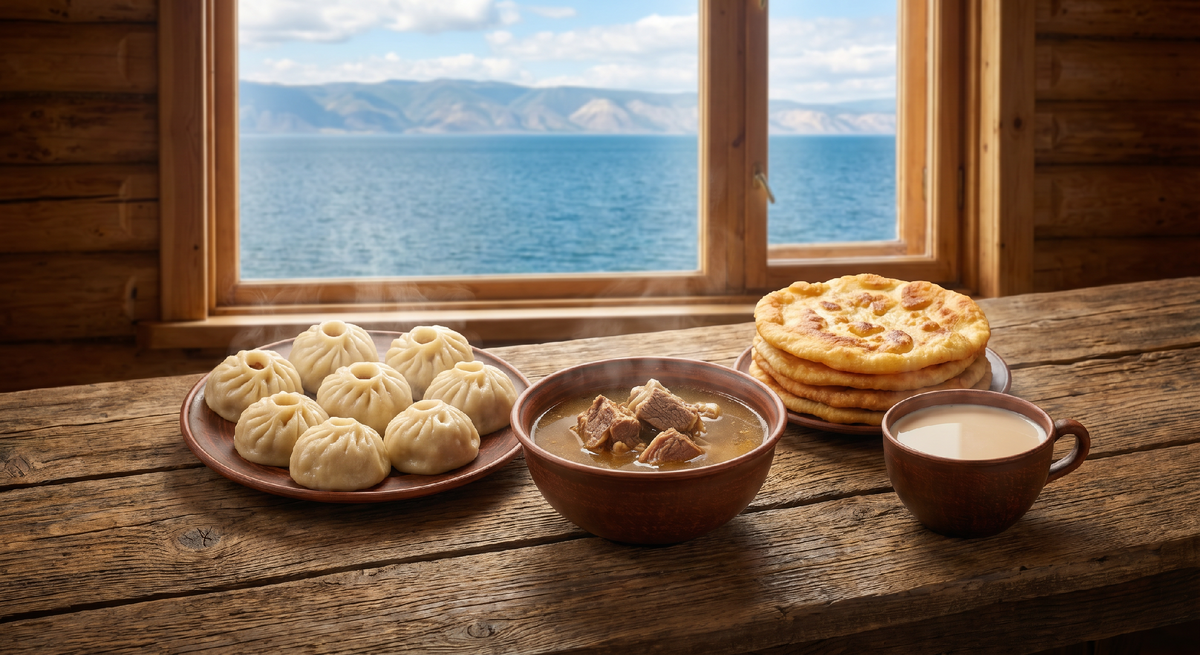 Бурятский стол — это встреча трёх миров: Россия, Монголия и Тибет в одной тарелке. Буузы, бухлёр, саламат и молочный чай — еда которую готовят на берегу самого глубокого озера в мире уже тысячу лет