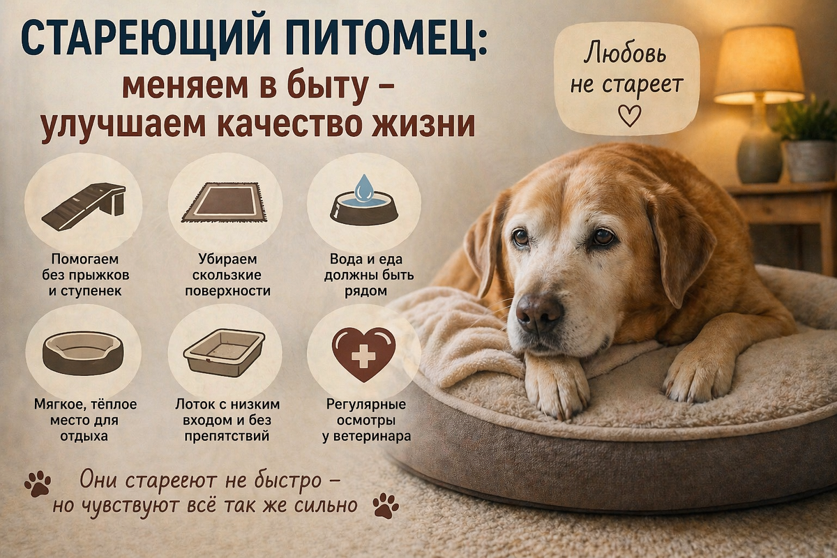 Стареющий питомец — это не страшно, если вовремя подстроить быт.