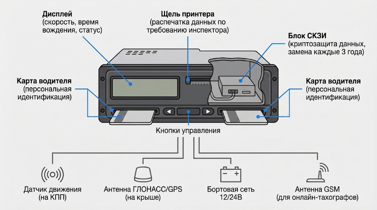 Анатомия тахографа — из чего состоит прибор
