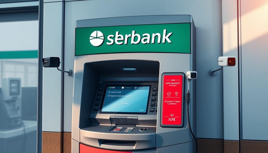    Современный банкомат Сбербанка с мошенническими устройствами, такими как скиммеры и скрытые камеры, в банковой среде при дневном свете.