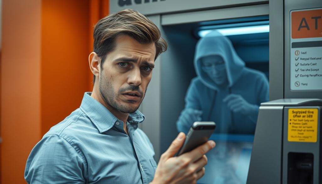    Встревоженный человек у банкомата, который оглядывается во время подозрительного телефонного звонка, с призрачной фигурой мошенника на заднем плане.