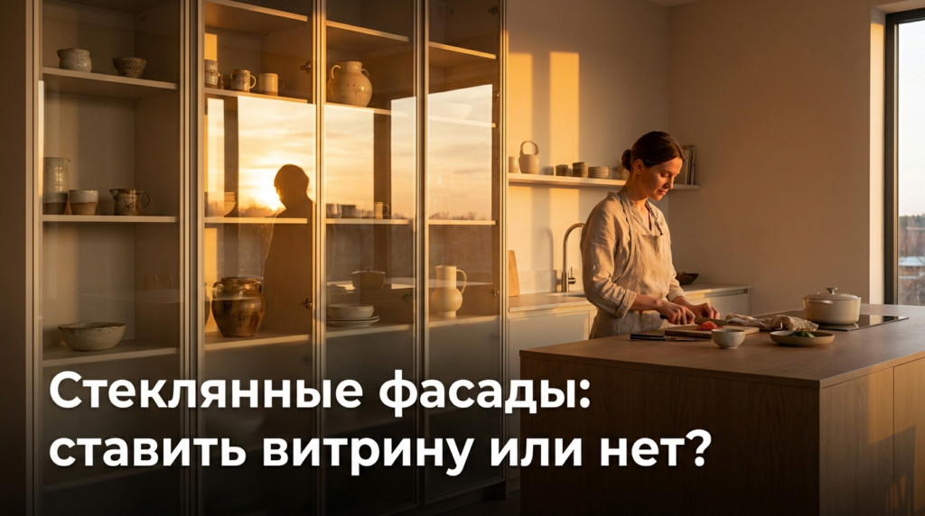    Дизайн современной кухни со стеклянными фасадными витринами MDKUHNY