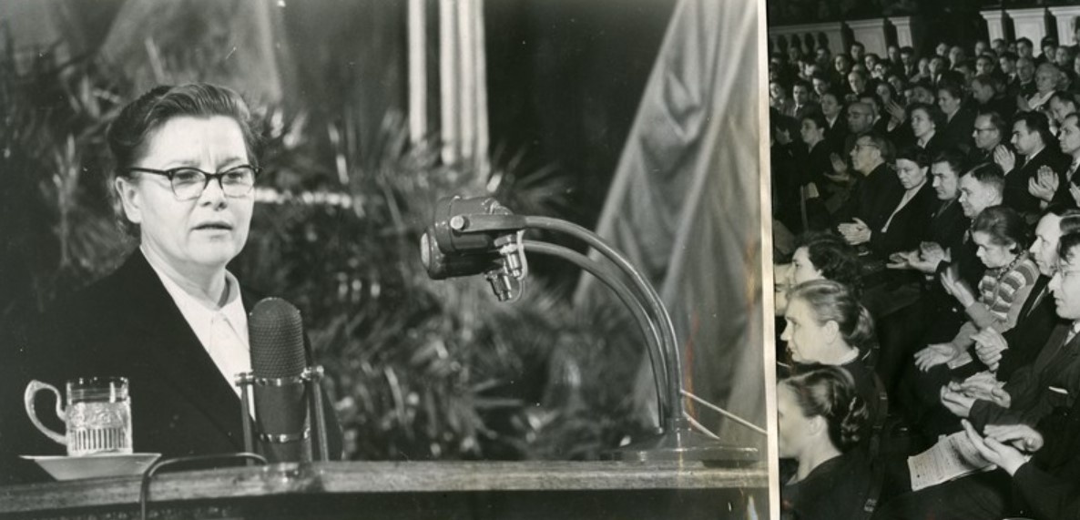 Кандидат в депутаты Верховного Совета СССР, член Президиума ЦК КПСС Е. А. Фурцева на встрече с избирателями. Москва, март 1958 г.