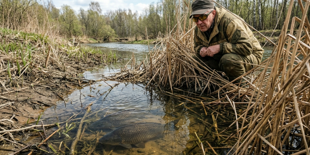 Карась стоит в кустах, но не клюет: трюк с каплей керосина на червя в конце апреля