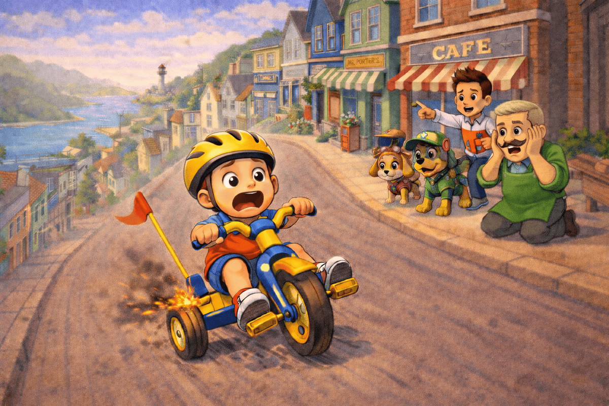 Но мальчик уже не слышал его, байк набрал скорость. Вдруг Алекс поднял ноги с педалей — и байк стал разгоняться ещё быстрее. Улица шла под уклон и заканчивалась оживленным перекрестком.