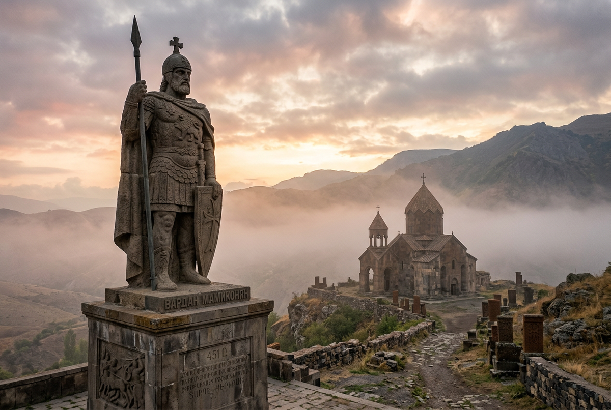 Историческая реконструкция армянской святыни со статуей героя