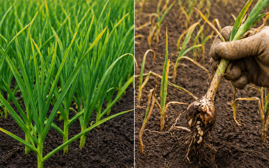 Слева пожелтение кончиков при лёгких заморозках, справа при повреждении вредными насекомыми