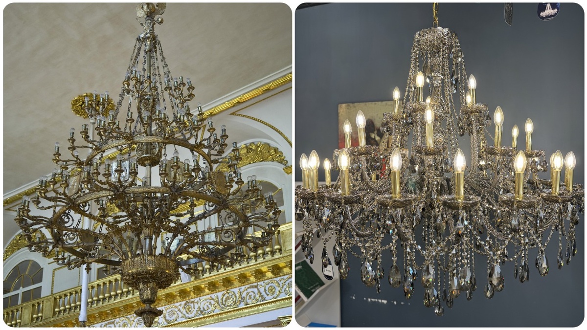 Люстра из Гербового зала Зимнего дворца.            Люстра из салона «Мир света» 