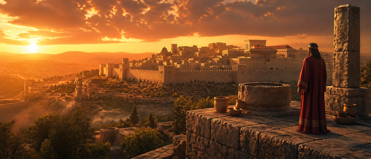 Древний библейский город на закате, над которым нависает тревожная атмосфера запретного культа.