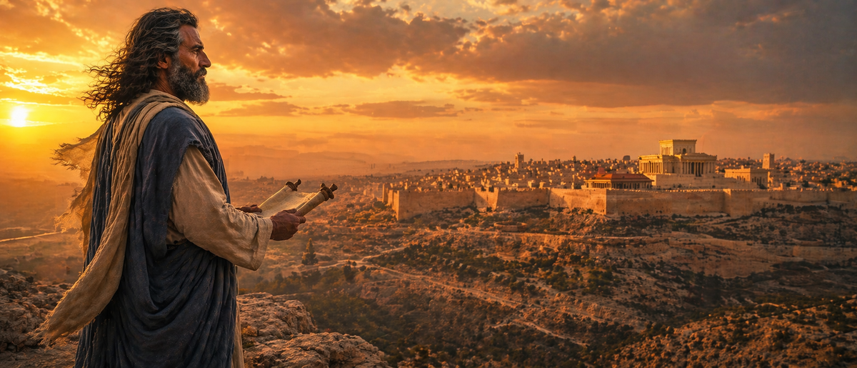 Пророк с развёрнутым свитком смотрит на древний город и долину, где вершились запретные обряды.