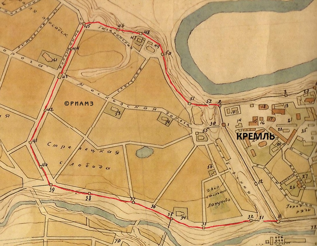 Фрагмент плана-реконструкции Переяславля Рязанского 17 века. Художник П.Ф. Нестеров. Коллекция РИАМЗ
