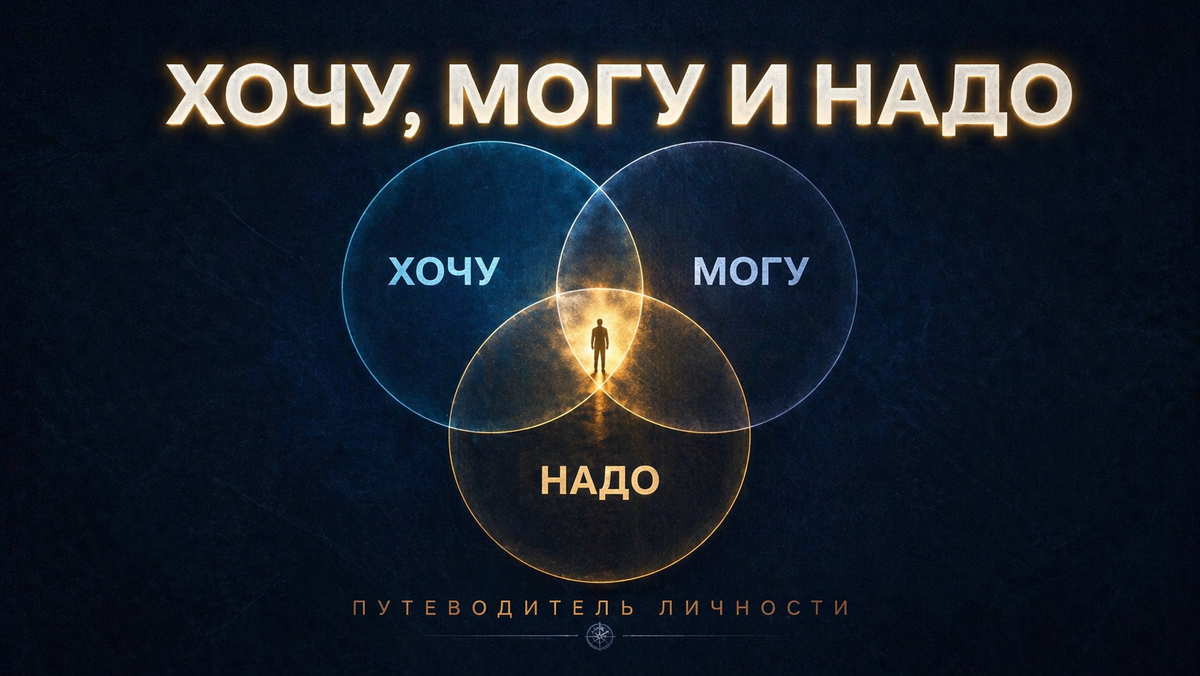 Обложка книги «Хочу, Могу и Надо. Путеводитель Личности». Три пересекающихся круга Венна синего и золотого цвета на тёмном фоне. Минималистичный дизайн.