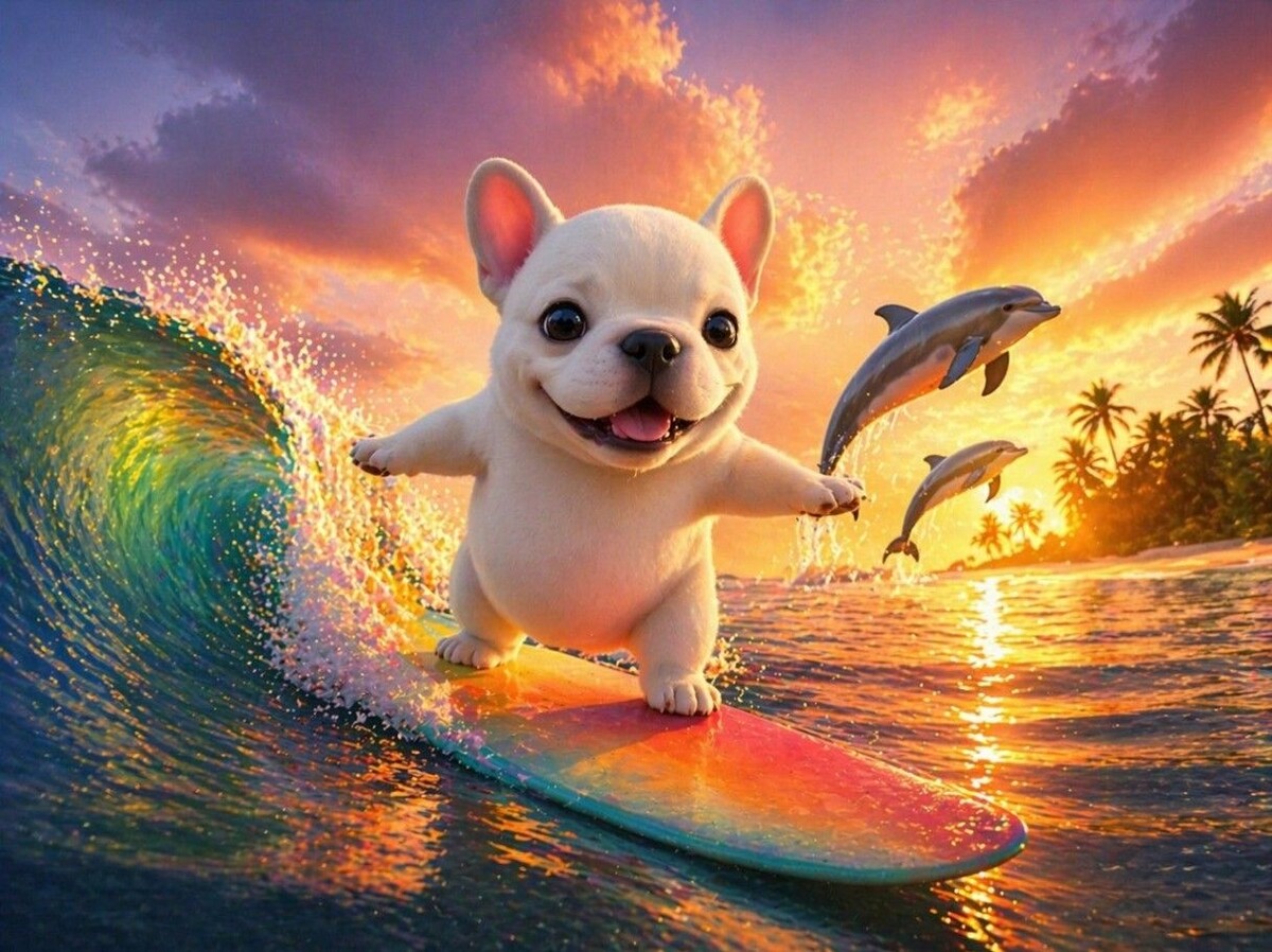 Белый ИИ-бульдог Пиббл на серфе покоряет волны и сердца пользователей. Источник: нейросеть📷
