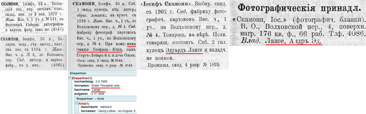 В немецкой генеалогической базе нашёл информацию, что девичья фамилия жены Иосифа – Ланге! Тогда получается, что после Иосифа Скамони владельцами фабрики стали родственники его жены. Также указано полное имя Иосифа – “Joseph Georg Nikolaus Scamoni”, национальность: Швейцарец, и то, что отец Иосифа – Николай (Николаус) был переплётчиком.