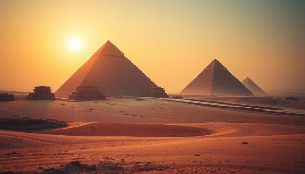    Пейзаж плато Гизы с пирамидами на фоне заката, создающий таинственную атмосферу сокровищ и тайн древности.