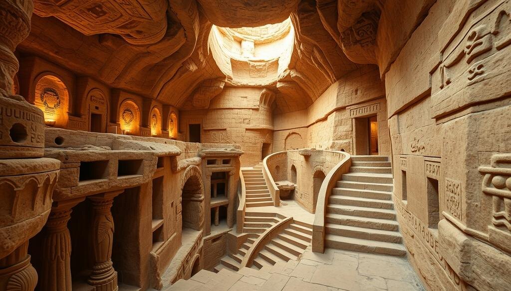    Подземная сцена с вырезанными в камне помещениями и винтовыми лестницами, намекающая на скрытый мир и его мифы.