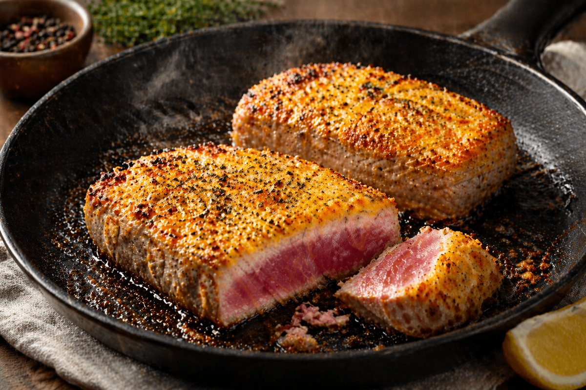 Жареный тунец с корочкой