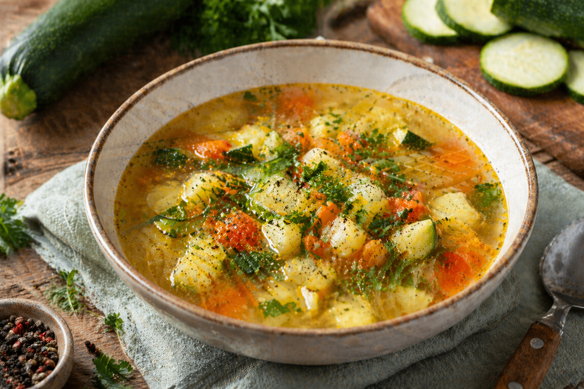 Теплый суп на деревянном столе