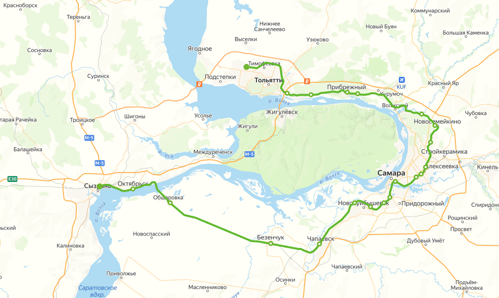 Маршрут "Ласточки" по маршруту Сызрань1 - Тольятти на карте Яндекса.