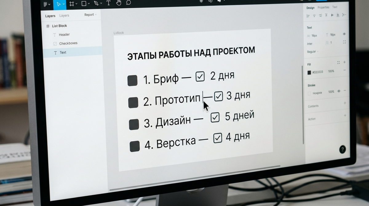 Интерфейс редактора с макетом блока о составе услуги и этапах работы над сайтом.