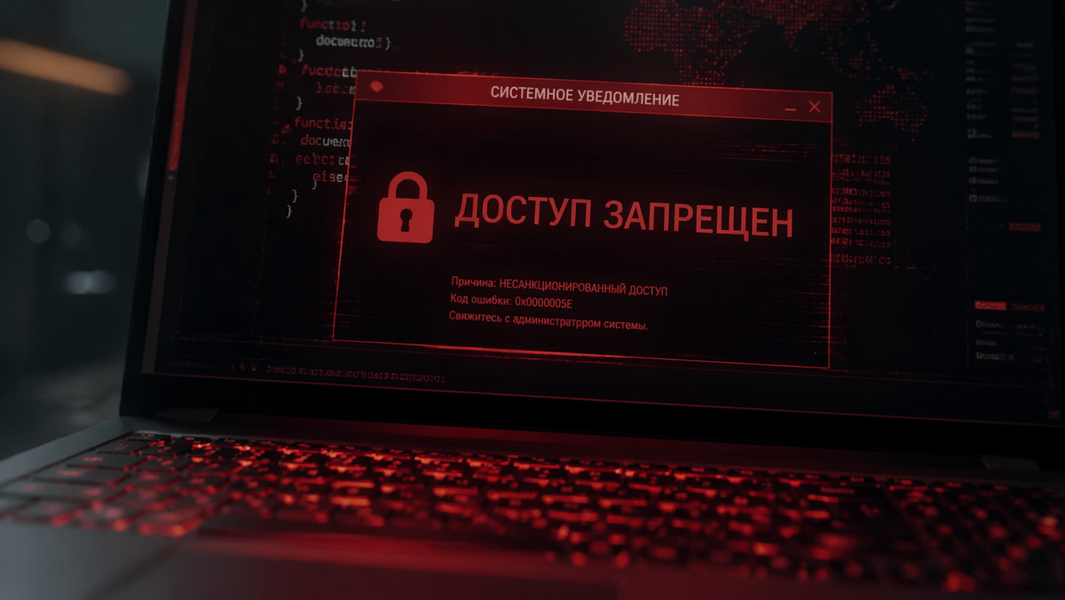 Экран ноутбука с уведомлением о блокировке доступа и кибератаке на малый бизнес.