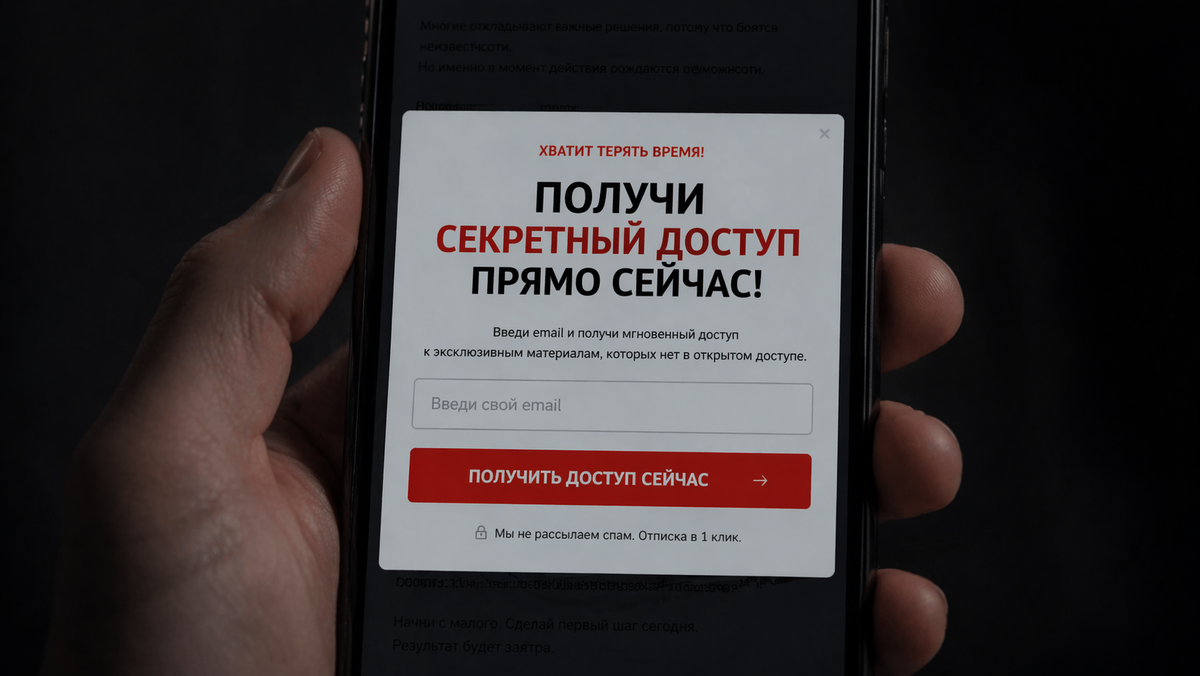Полноэкранный баннер на мобильной версии сайта, мешающий пользователю читать контент.
