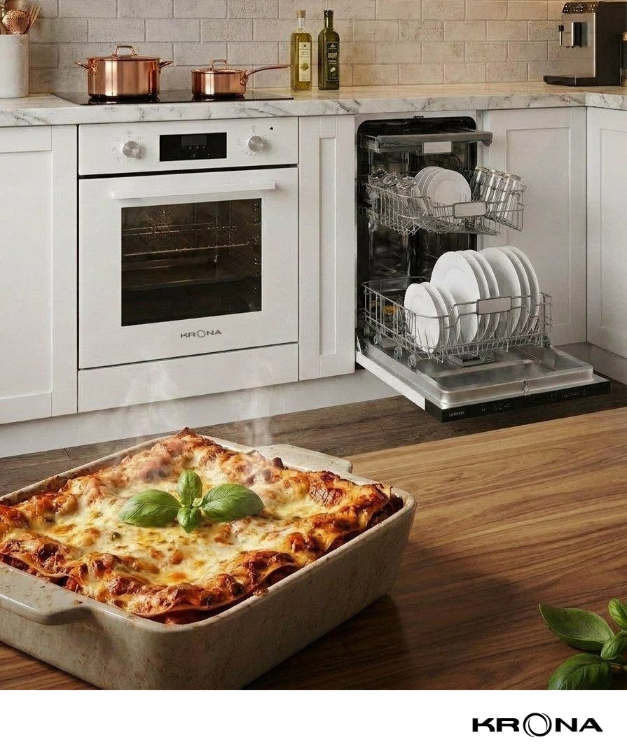 Электрический духовой шкаф KRONA RITUS 45 WH G2 и встраиваемая посудомоечная машина KRONA DELIA 45 BI V2