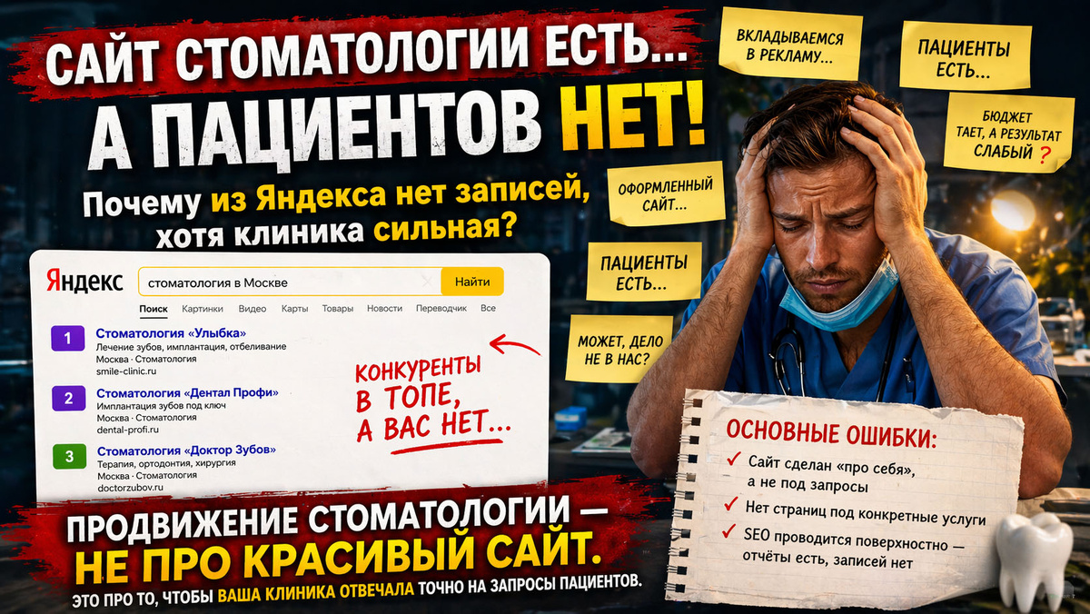 Продвижение стоматологии: почему сайт есть, а записи из Яндекса нет