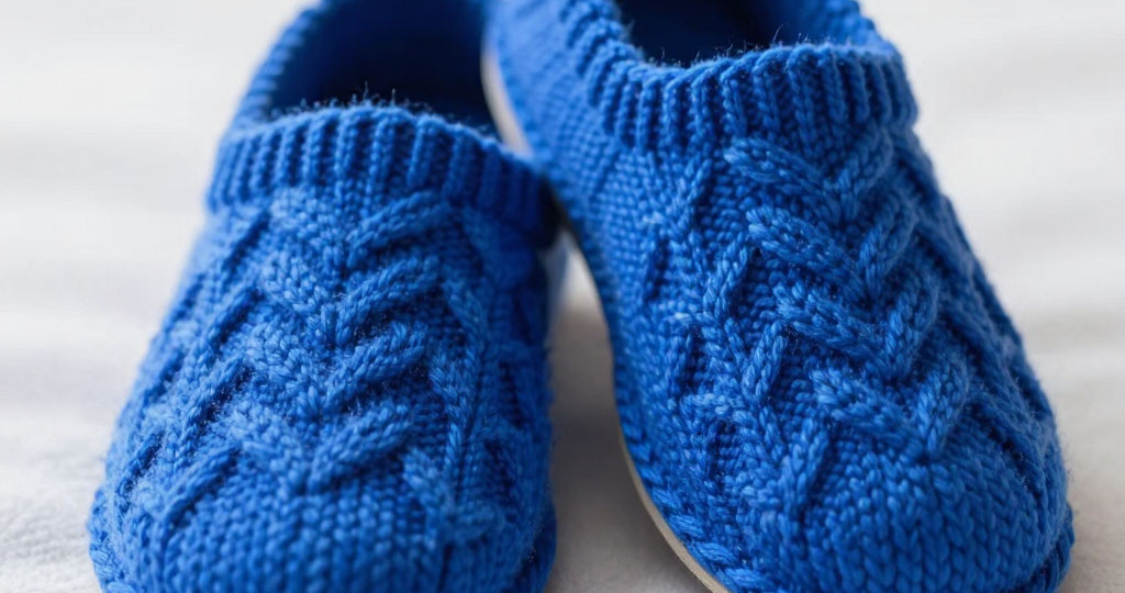Яркий уют: вязаные тапочки насыщенного синего цвета