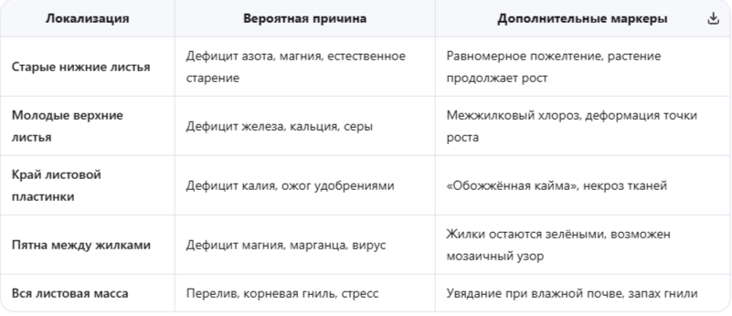 Таблица быстрой дифференциации по локализации