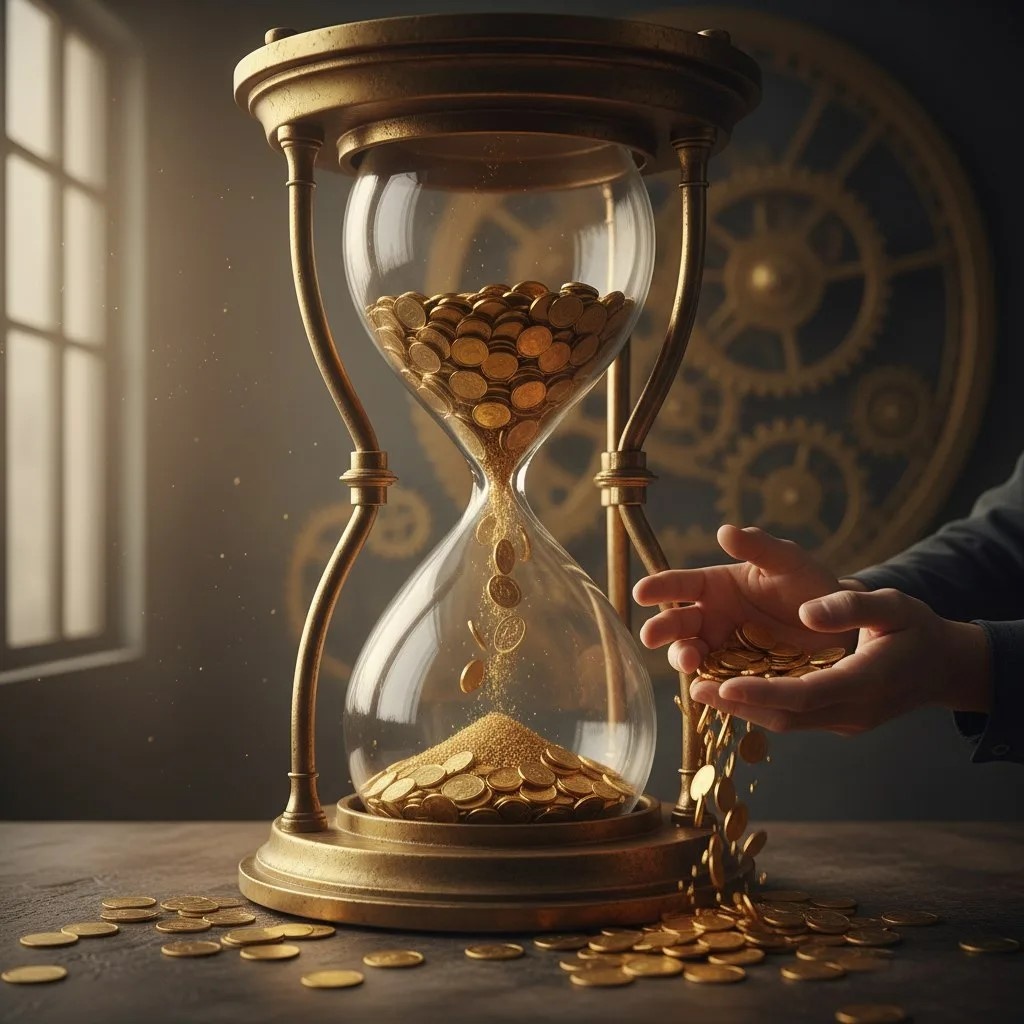 Метафоричное изображение песочных часов, где вместо песка сыплются золотые монеты.