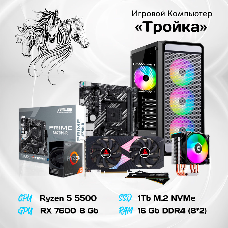 Системный блок "Тройка"/AMD Ryzen 5 5500 6*3.6 ГГц/8Gb RX7600/16GB DDR4/1000Gb SSD/600w/RGB