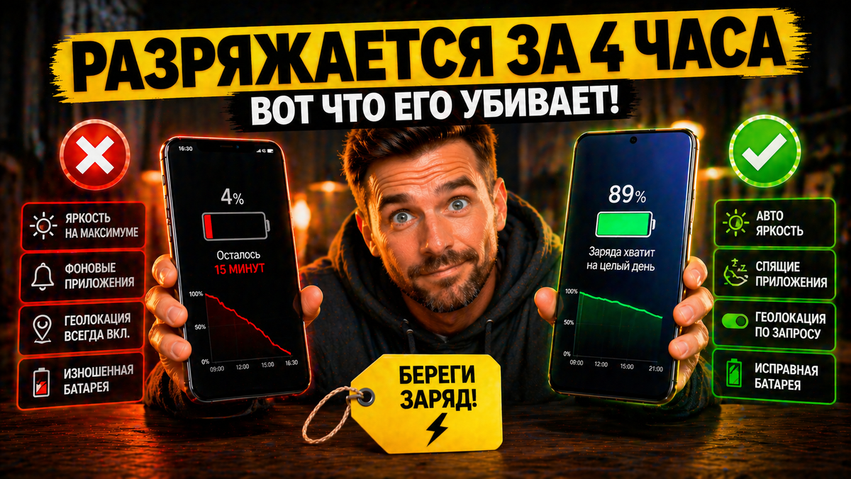 Телефон разряжается за 4 часа? Узнайте, что убивает батарею: яркость экрана, фоновые apps и перегрев! Советы, как продлить жизнь аккумулятора. 🔋⚡ #батарея #смартфон