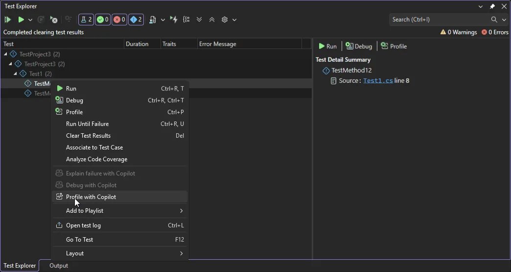 Изображение: Microsoft. Доступность пункта "Профилирование с помощью Copilot" в контекстном меню обозревателя тестов в "Visual Studio 2026".