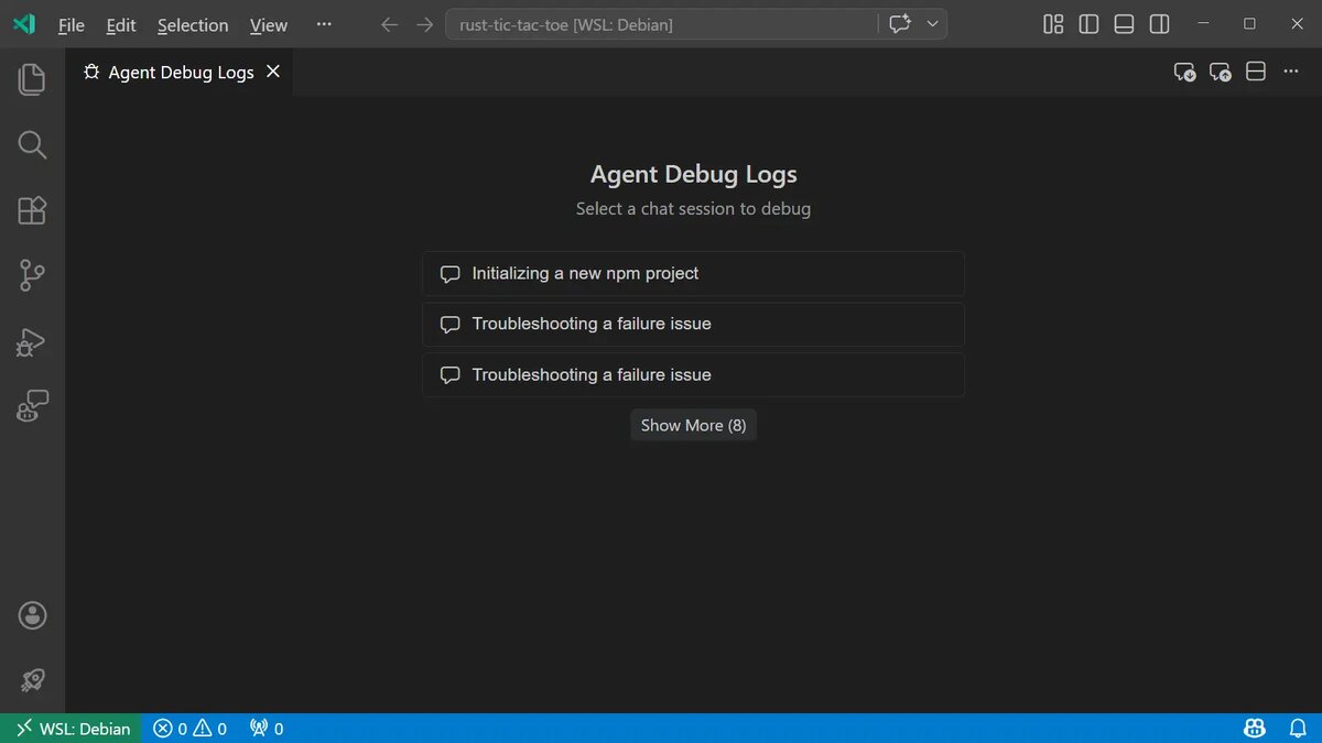 Изображение: Microsoft. Отладка предыдущих сессий агента умного помощника "GitHub Копилота" с помощью окна/панели "Журнал отладки агента" в "Visual Studio Code".
