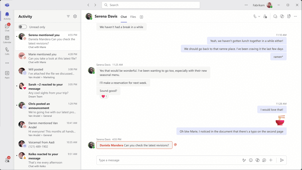 Изображение: Microsoft. Просмотр и управление активностью в других используемых учётных записях в "Microsoft Teams".