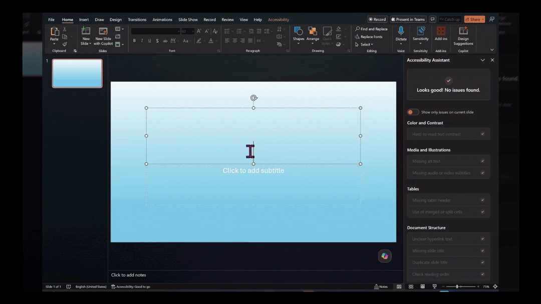 Изображение: Microsoft. Улучшенная проверка контрастности для слайдов с помощью "Помощника по специальным возможностям" в "Microsoft PowerPoint".