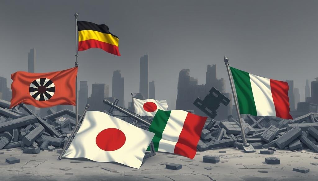    Иллюстрация последствий Второй мировой войны с разваливающимися империями, символизирующими Германию, Японию и Италию на фоне разрушений.