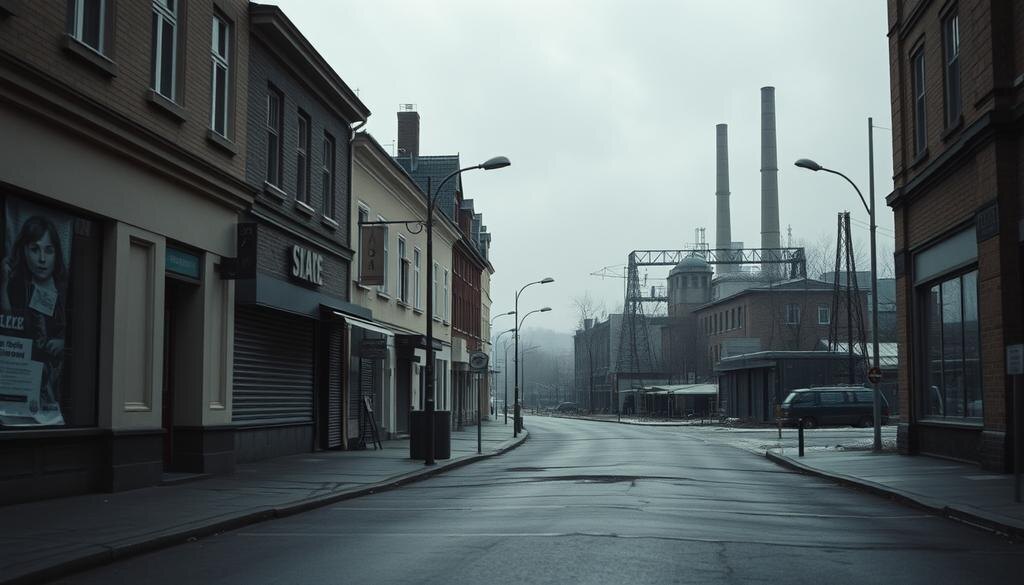    Иллюстрация влияния Великой депрессии на Германию с пустыми улицами и закрытыми магазинами, подчеркивающая экономический кризис.