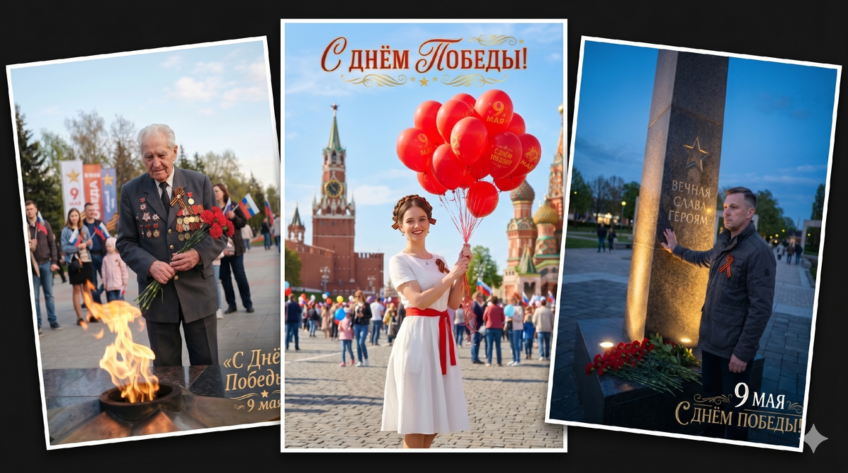 Сбоник промтов на русском для ИИ фотосессии на 9 мая: поздравительные открытки и фото на День Победы через нейросеть бесплатно