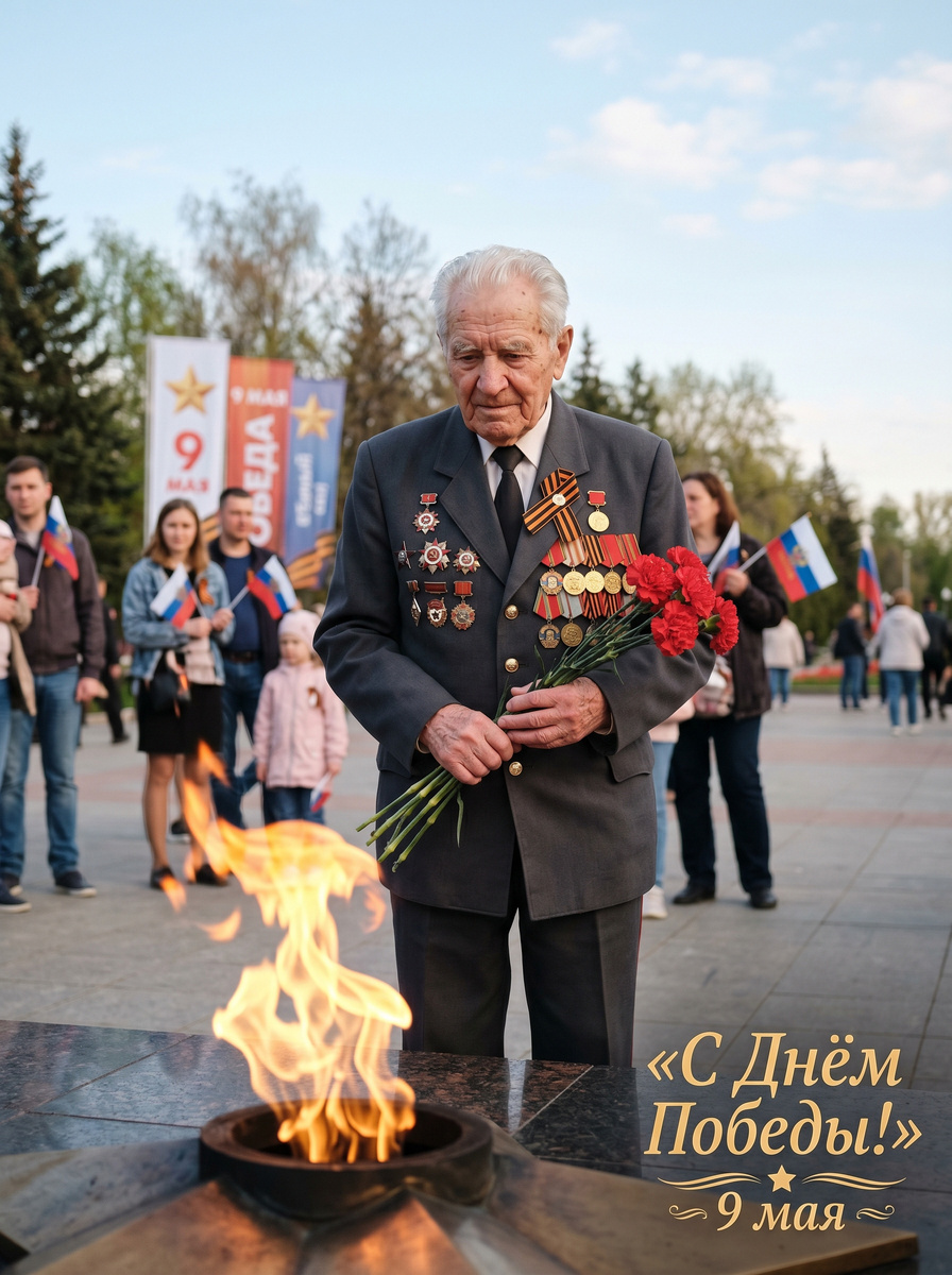 Промт 1️⃣: Ветеран у Вечного огня (мужчина, торжественно)