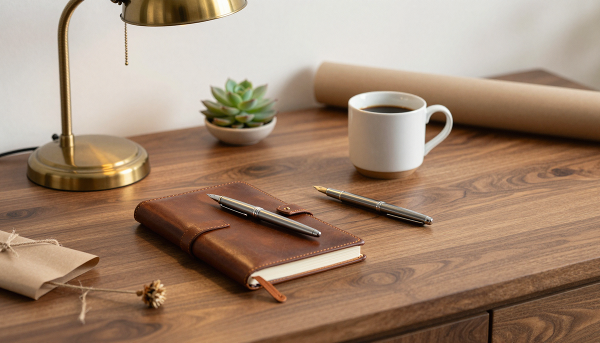 Подарок коллеге на день рождения в офисе - винтажная лампа, кожаный блокнот, ручка и чашка на полированном столе.