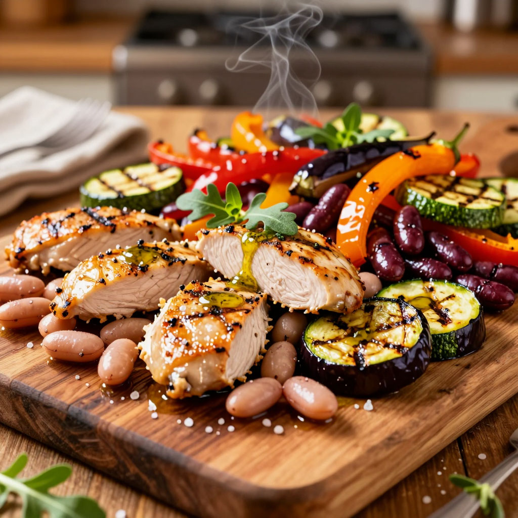 Тёплый салат с курицей, фасолью и овощами гриль