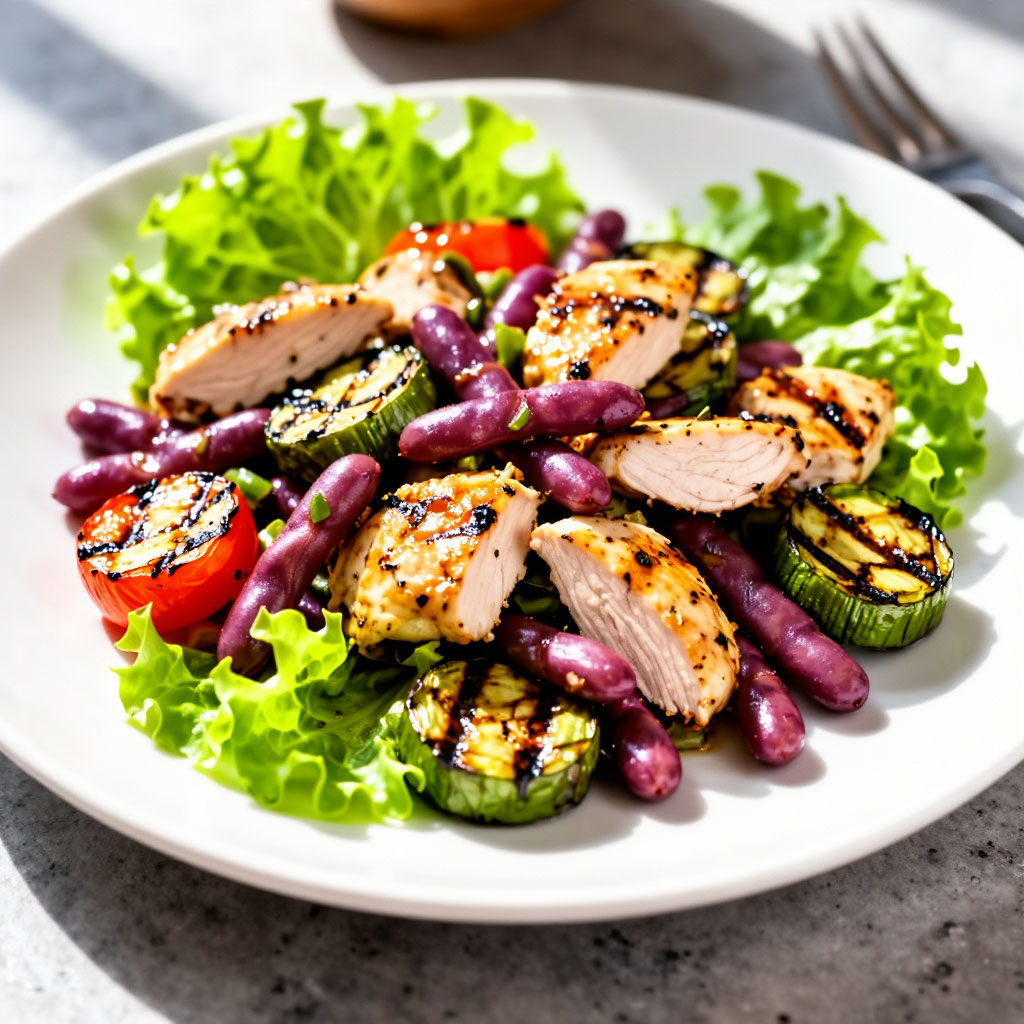 Тёплый салат с курицей, фасолью и овощами гриль