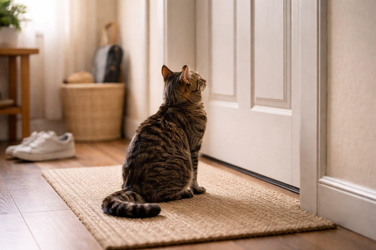 Кошка ждёт у входной двери