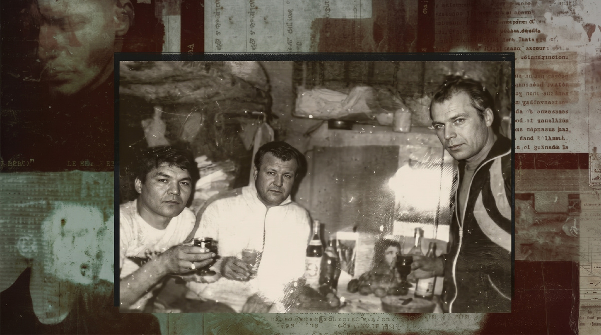 Слева направо: Эдик Башкиренок, воры в законе Вячеслав Иваньков (Япончик) и Темури Габуния (Тимур Ванский). Тюрьма СТ-2, Тулун (Иркутская область), 1991 год

