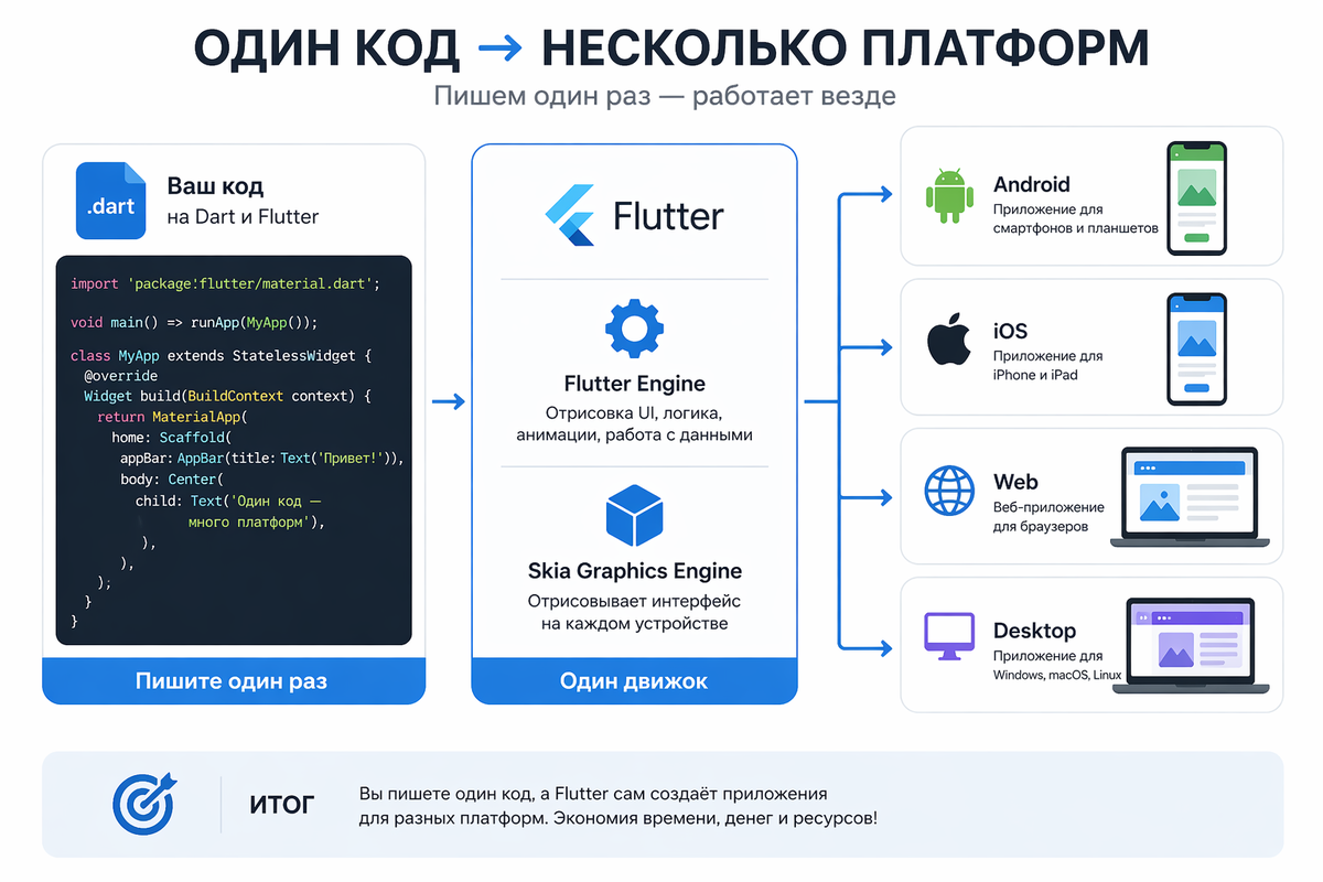 Flutter позволяет писать один код и запускать его сразу на нескольких платформах